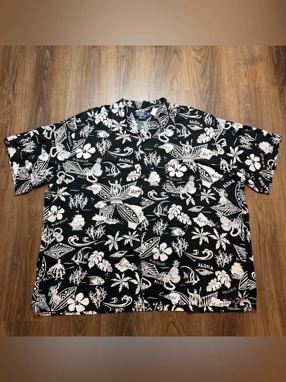 Polo Ralph Lauren Y2K Vintage Hawaiian Aloha Hibiscus Black White Shirt Mens 4XB